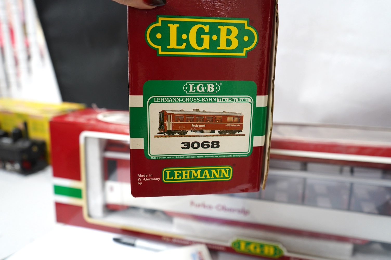 Two boxed Lehmann LGB G scale Continental bogie coaches; a Furka-Oberalp dining observation car (30660) and an RhB restaurant car (3068). Condition - good.